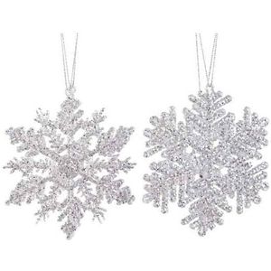 2x Sneeuwvlokken ijssterren zilver glitter kerstboomhanger/kersthanger 12 cm - Kersthangers