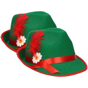 Set van 2x stuks carnaval Tiroler jagershoed gleufhoedje groen/rood voor dames/heren/volwassenen - Verkleedhoofddeksels