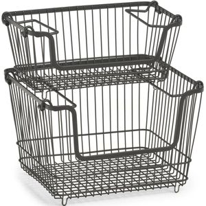 2x Zwarte opberg/opruim mandjes stapelbaar 32 en 33 cm - Opbergmanden