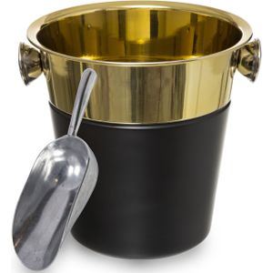 Champagnekoeler/ijsemmer incl. ijsblokjes schep - 3L - zwart/goud - D24 cm