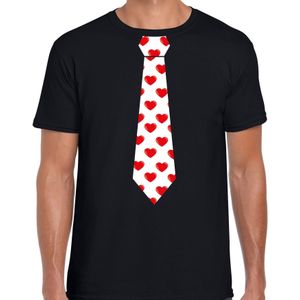 Valentijn thema verkleed feest stropdas t-shirt hartjes zwart heren - Feestshirts