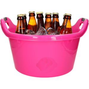 Bierflessen koelen emmer - 17L - roze - kunststof - 45x27 cm - Met 24x grote ijsblokken houders - biertrays