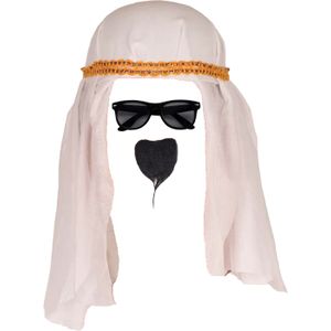 Carnaval verkleed set voor een Arabier/Sjeik - hoofddoek wit - heren- met baardje en zonnebril - Verkleedhoofddeksels