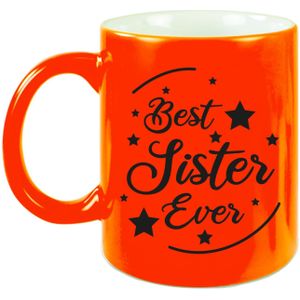 Best Sister Ever cadeau koffiemok / theebeker neon oranje 330 ml - feest mokken