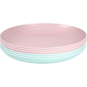 Setje van 16x stuks ronde kunststof diner/ontbijt borden in het groen en roze 25 cm