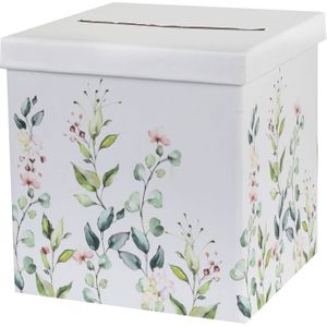 Enveloppendoos bloemen - Bruiloft - wit/groen - karton - 20 x 20 cm - Feestdecoratievoorwerp