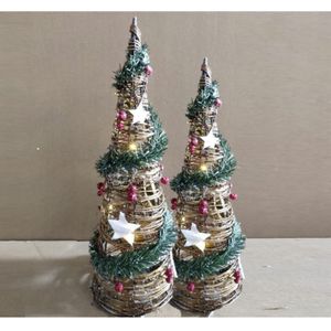 LED kegels/piramide kerstboom lampen - set van 2x - 40 en 60 cm -rotan -met licht - kerstverlichting figuur