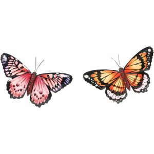 Wanddecoratie vlinders - 2x - oranje/rood - 45 x 28 cm - metaal - muurdecoratie/schutting - Tuinbeelden