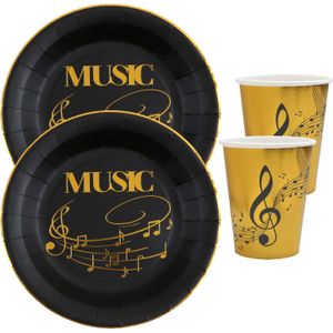 Muziek thema feest wegwerp servies set - 10x bordjes / 10x bekers - goud/zwart - Feestpakketten