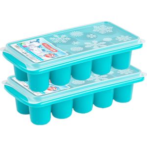 2x stuks Trays met dikke grote ronde blokken van 6.5 cm ijsblokjes/ijsklontjes vormpjes 10 vakjes kunststof blauw met deksel