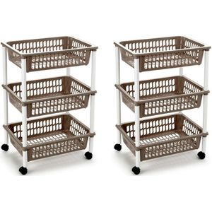 2x stuks opberg trolley/roltafel/organizer met 3 manden 40 x 30 x 61,5 cm wit/taupe - Opbergmanden
