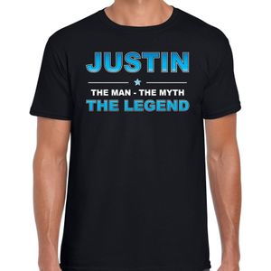 Naam cadeau t-shirt Justin - the legend zwart voor heren - Feestshirts
