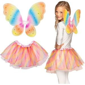 Verkleed set vlinder/fee - vleugels en rokje - regenboog kleuren - kinderen - Carnavalskleding/acces - Verkleedattributen