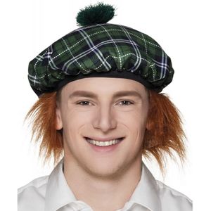 Boland Carnaval verkleed hoed/baret in Schotse ruit - groen - polyester - heren - met haar - Verkleedhoofddeksels