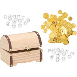 Houten piraten schatkist 15 x 10 cm met 100x plastic gouden piraten geld munten en edelstenen - Hobbydozen