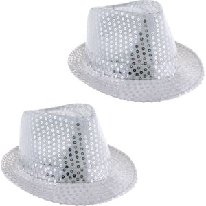 Carnaval verkleed Trilby hoedje met glitter pailletten - 2x - zilver - polyester - heren/dames - Verkleedhoofddeksels