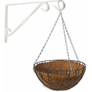 Hanging basket met klassieke muurhaak wit en kokos inlegvel - metaal - complete hanging basket set - Plantenbakken