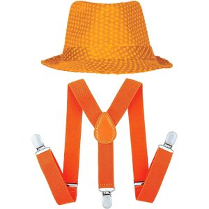 Koningsdag/Sport verkleed set compleet - hoedje en bretels - oranje - heren/dames - Verkleedattributen