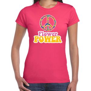 Toppers in concert Jaren 60 Flower Power verkleed shirt roze met geel dames - Feestshirts