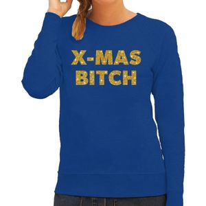 Blauwe foute kersttrui / sweater Christmas Bitch gouden letters voor dames - kerst truien