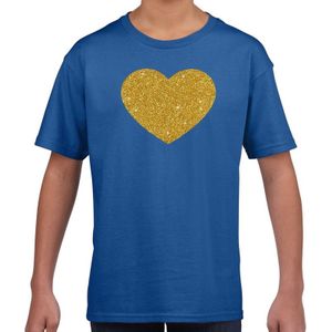 Gouden hart gouden glitter t-shirt blauw kids - Feestshirts