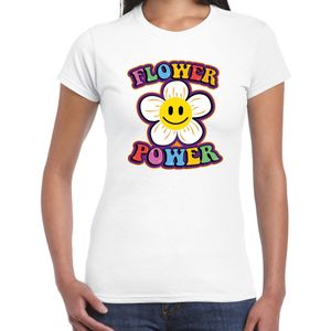 Toppers Jaren 60 Flower Power verkleed shirt wit met emoticon bloem dames - Feestshirts