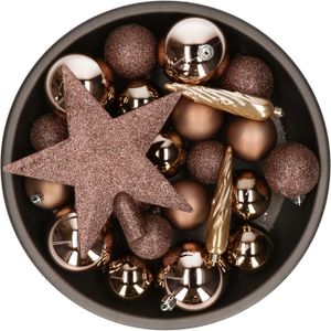 Set van 33x stuks kunststof kerstballen met ster piek walnoot bruin mix - Kerstbal