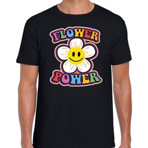 Toppers Jaren 60 Flower Power verkleed shirt zwart met emoticon bloem heren - Feestshirts