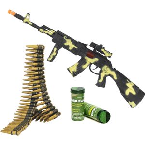 Soldaten/militairen camouflage geweer 59 cm met kogelriem en camouflage schminkstif volwassenent - Verkleedattributen