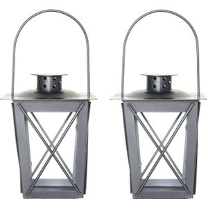 Set van 2x stuks zilveren tuin lantaarn/windlicht van ijzer 12 x 12 x 16 cm - Lantaarns