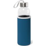 Glazen waterfles/drinkfles met blauwe softshell bescherm hoes 520 ml - Sportfles - Bidon