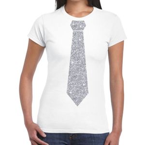 Wit fun t-shirt met stropdas in glitter zilver dames - Feestshirts