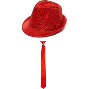 Carnaval verkleed set glitter hoed en stropdas rood - Verkleedhoofddeksels