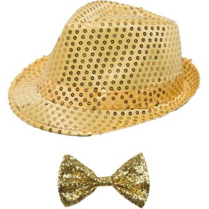 Carnaval verkleed set - hoedje en vlinderstrikje - goud - volwassenen - glitters - Verkleedhoofddeksels