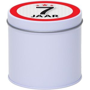 Metalen wit rond blikje cadeauverpakking 10 cm met 7 jaar sticker - Cadeaudoosjes