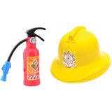 Carnaval verkleed brandweer helm - geel - en speelgoed brandblusser - kan water spuiten - Verkleedhoofddeksels