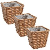 Set van 3x stuks bloempotten/plantenbakken riet/rotan mand vierkant 15 x 15 x 13 cm - Plantenbakken