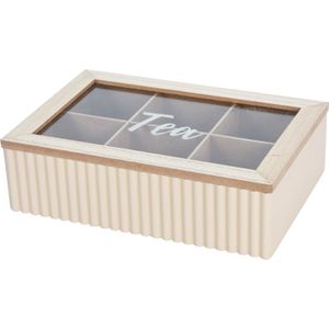 Excellent Houseware Theedoos - 6-vaks - beige/bruin - hout - 24 x 16 x 7 cm - theekist voor thuis - glazen deksel