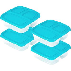 PlasticForte Vershoudbakje - 4x - 3-vaks - 1,2L - meal prep - herbruikbaar - blauw - Vershoudbakjes