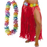Hawaii verkleed hoela rokje en bloemenkrans met led - volwassenen - rood - tropisch themafeest - Carnavalskostuums