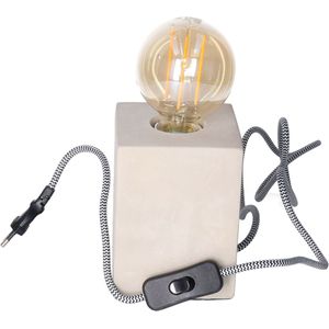 Tafellamp Cement - grijs - hout - strijkijzer snoer - 9.5 x 9.5 x 13 cm- inclusief LED Retro - Tafellampen