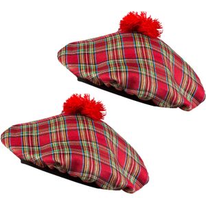 Carnaval verkleed hoed/baret in Schotse ruit - 2x - rood - polyester - heren - Schotland - Verkleedhoofddeksels