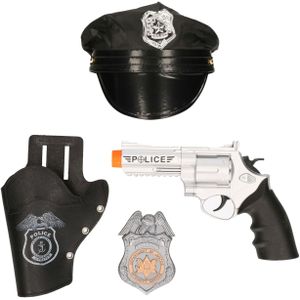 Carnaval verkleed politie agent pet/cap - zwart - met pistool/badge - kinderen - accessoires - Verkleedhoofddeksels