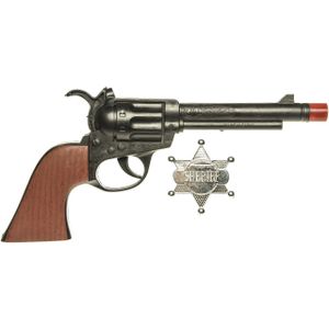 Cowboy speelgoed verkleed pistool zwart met sheriff ster 24 cm - Verkleedattributen