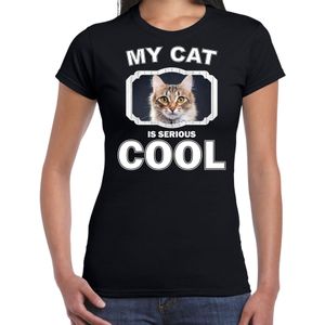Bruine kat katten / poezen t-shirt my cat is serious cool zwart voor dames - T-shirts