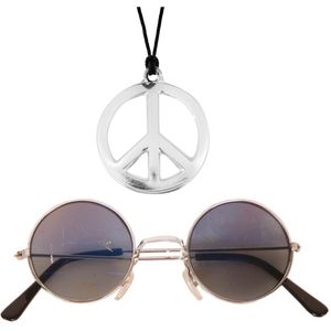 Hippie Flower Power sieraden set peace-sign ketting met groovy bril - Verkleedsieraden