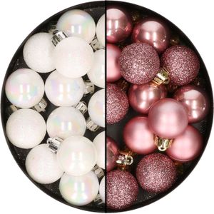 28x stuks kleine kunststof kerstballen dusty roze en parelmoer wit 3 cm - Kerstbal