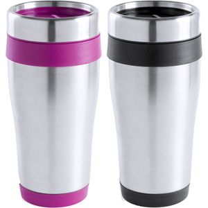 Warmhoudbekers/thermos isoleer koffiebekers/mokken - 2x stuks - RVS - zwart en roze - 450 ml