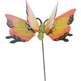Set van 5x stuks metalen vlinder geel/oranje 11 x 70 cm op steker - Tuinbeelden
