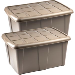 Opslagbox kist van 60 liter met deksel - 2x - Beige - kunststof - 63 x 46 x 32 cm - Opbergbox